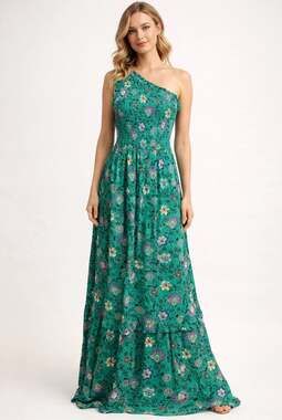 Knox Rose Green Floral One Shoulder Smocked Tiered Maxi Dress